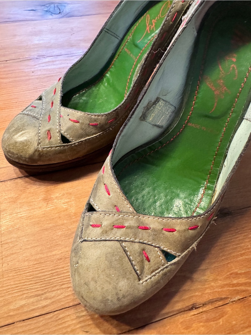 Miss Sixty Taupe Suede Heels with Red Stitching